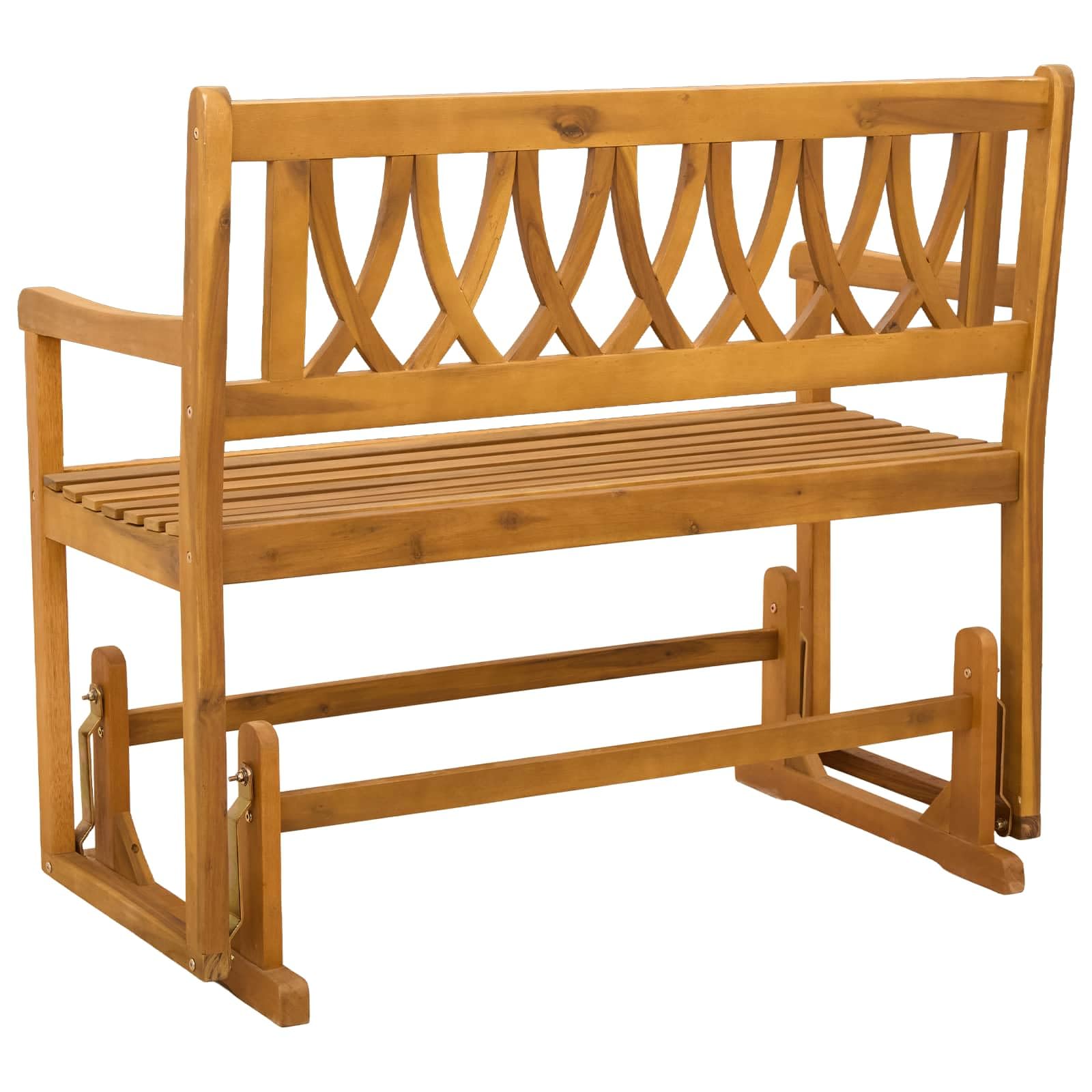 Banco de jardín rústico de madera maciza de acacia, 110 x 59 x 97 cm, con reposabrazos planos y patas de poste estables para un agarre seguro, superficie aceitada, fácil de limpiar.
