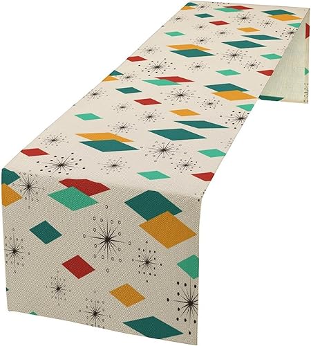 Camino de mesa de mediados de siglo, moderno patrón atómico absctract geométrico retro de los años 1950 y 1960 S para decoración de mesa del hogar,