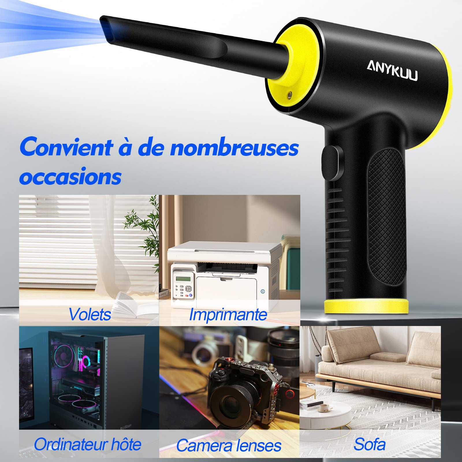 Anykuu Souffleur PC Electrique 7500 mAh，90000 TR/Min 3 Vitesses Bombe - Air Comprimé Nettoyage avec Lumière LED，Aspirateur Voiture Rechargeable, Dépoussiérants Puissants.