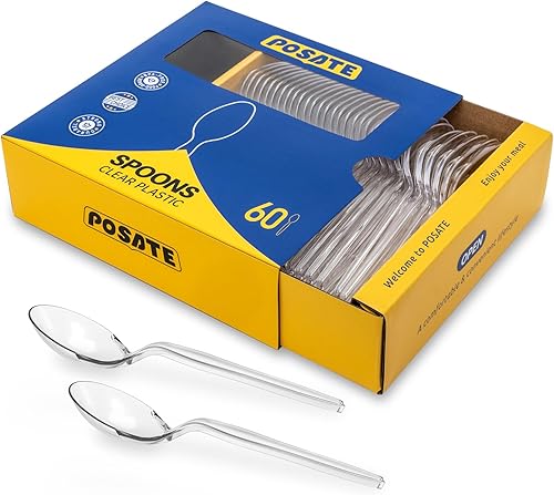 POSATE Cucharas de plástico resistentes, transparentes, desechables, paquete de 60