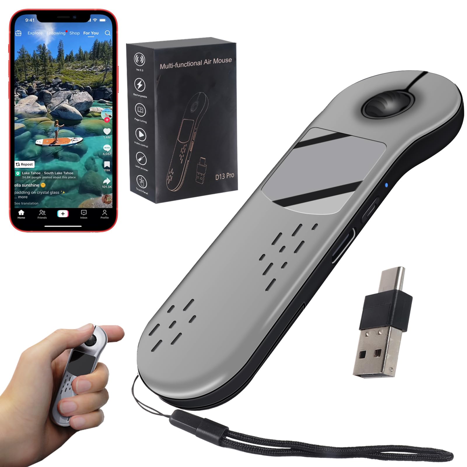 Fingerspitze Scrolling Mini Bluetooth Mouse,BT5.3+2.4G+USB-C,TRES MODOS + Touchpad,4 en 1 Página portátil Turner Handheld Air Mouse Presenter Remote, Wireless Finger Scroller, Gris