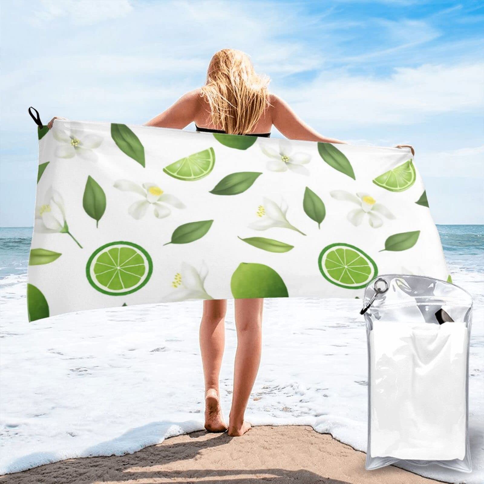 Lawenp Lemons and Flower Pattern Microfiber Beach Towel Adults Large Quick Drying Bath Towel Travel Towels with Pouch 27.5"x55"
