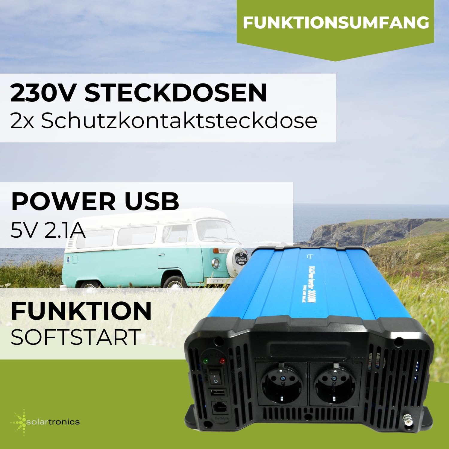 Solartronics Przetwornica napięcia FS3000DR 12V do 230V 3000 W czysty sinusoidalny pilot zdalnego sterowania opcjonalny falownik solarny - z radiem CRW88