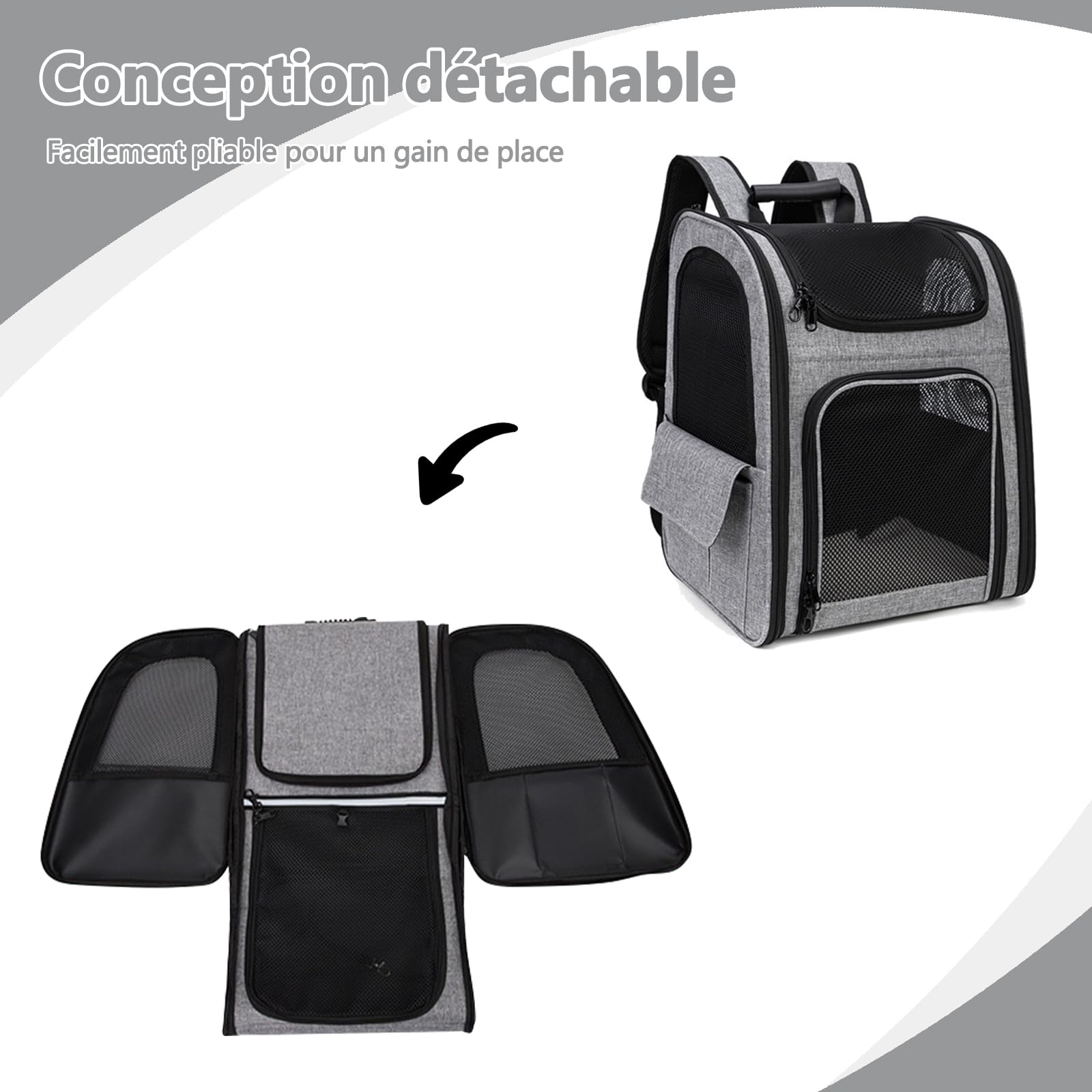 Galatée Poussette pour Animaux De Compagnie, Sac à Dos pour Chien avec roulettes Amovibles, Sac à Dos pour Chien Homologué pour Le Transport Aérien, Sac avec Fenêtres De Ventilation en Filet(Gris)