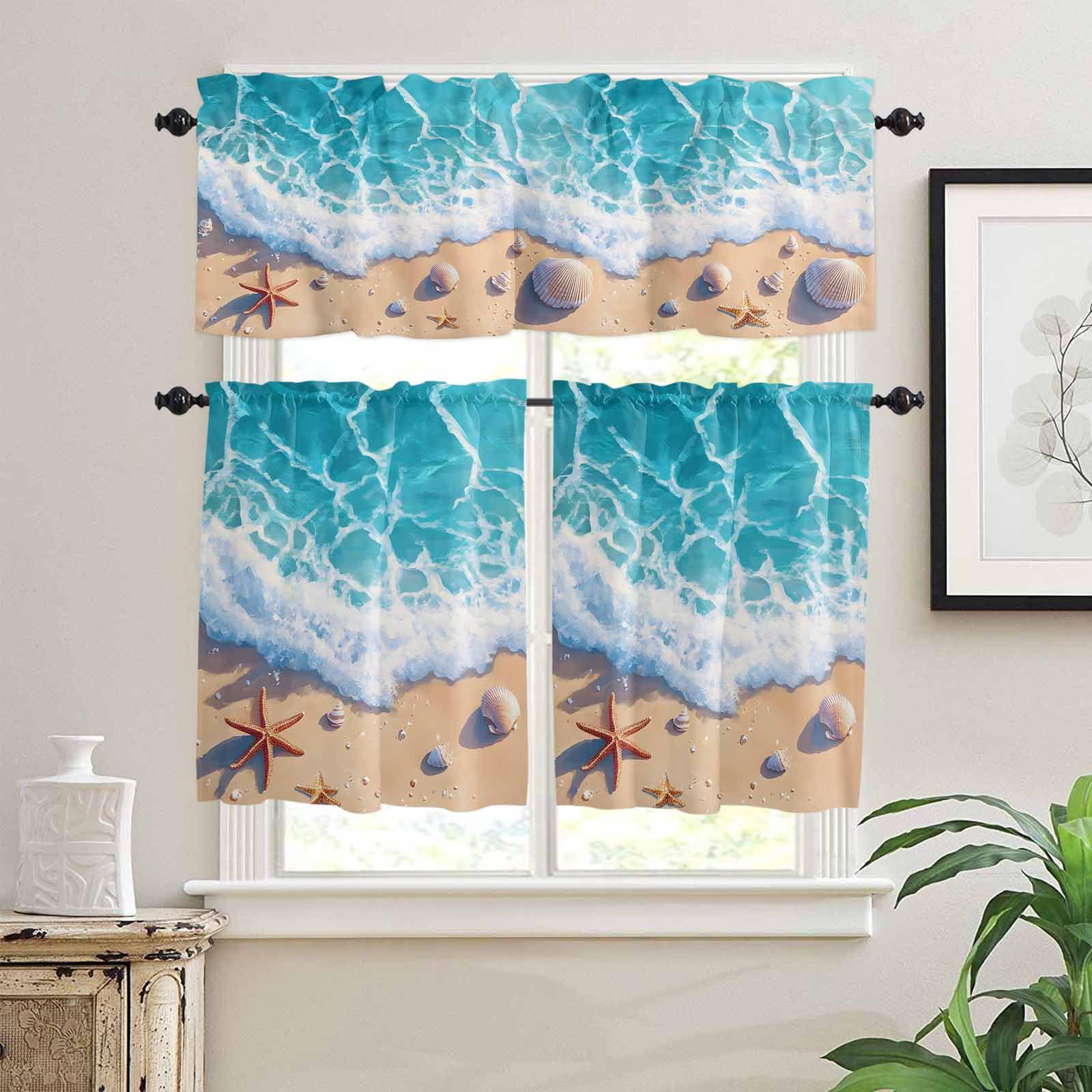 Ocean Beach Kitchen Curtains 24 Inch Length,3 Piece Rod Pocket Small Half Tiers and Valance Set,Coastal Nautical Starfish Shells Sea Waves Small Large Window Treatment Decor for Bedroom/Bathroom Sink