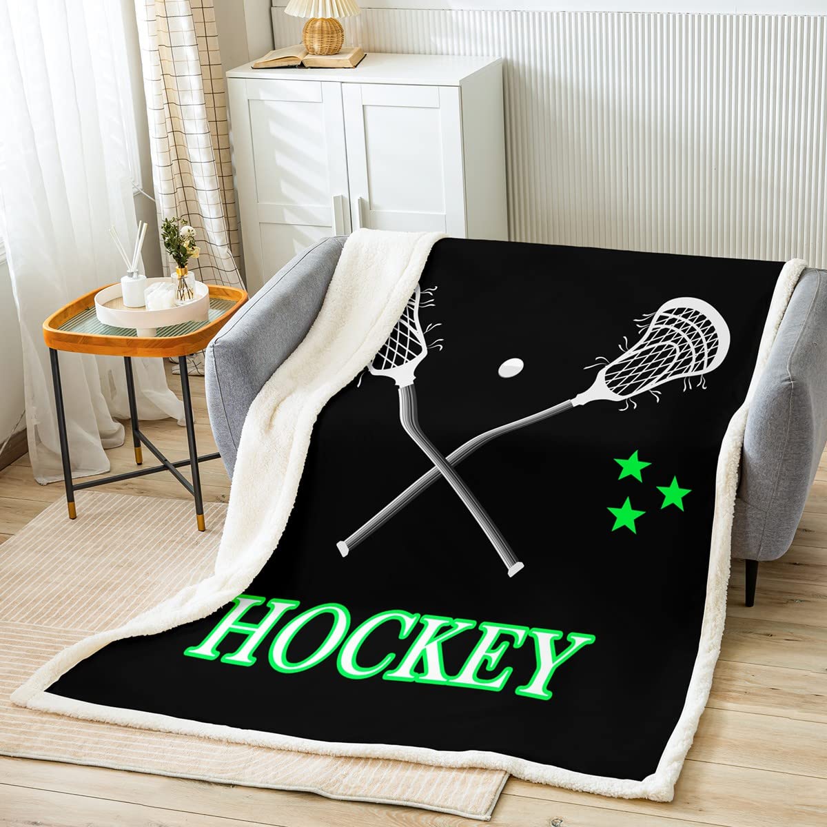 Hockey bandiera americana Sherpa coperta sportiva a tema in pile coperta per bambini decorazione hockey verde neon coperta di peluche palla gioco calda coperta sfocata regina 200 x 220 cm