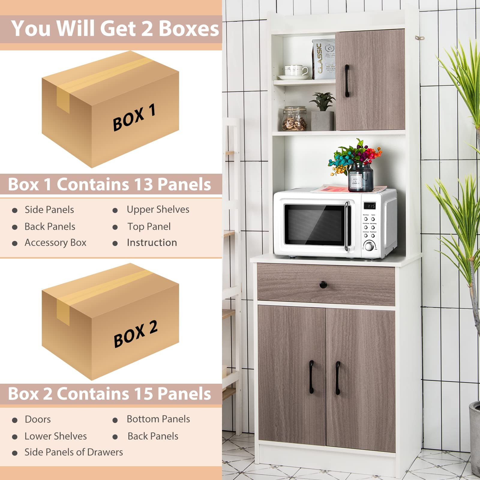 GIANTEX Armario de Cocina 180cm Alto, Aparador Buffet de Madera con Cajón y Estantes Ajustables, Armario de Almacenamiento con Puertas, con Bloqueo Antivuelco, 60x40x180 cm (Blanco)