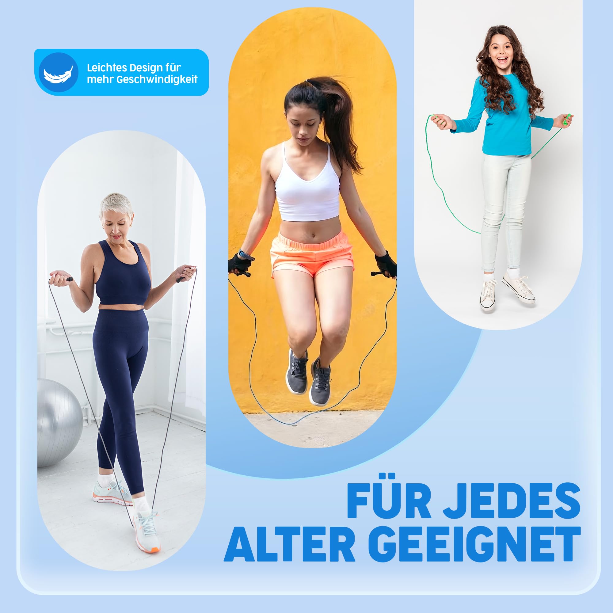 PORTENTUM Verstellbares Springseil für Speed Skipping - Leicht für Damen, Herren und Kinder - Fitness, Workout, Frauen- und Männerübungen - 2,8m
