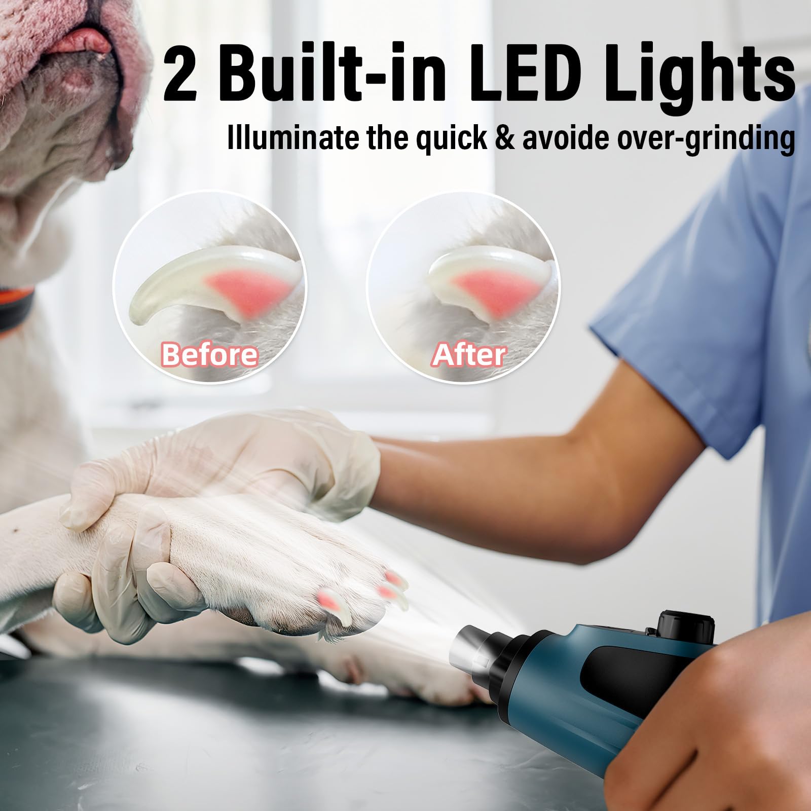 Casfuy Smart 6-Speed Dog Nail Grinder - 50% More Power Pet Nail Grinder with 2 LED Lights Quiet Rechargeable Electric Dog Nail Trimmers File Toenail Grinder for Large Medium Small Dogs & Cats (DB) - image 5