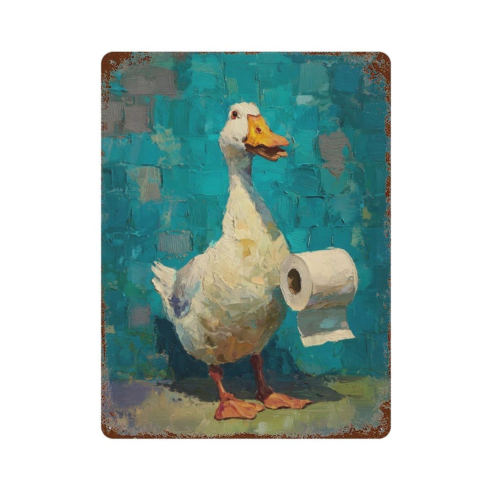 Duck with Toilet Paper Roll-3 15.7"x11.8" Distressed Metal Wall Sign, Shabby Chic Decor for Shed, Workshop And Garage Wall Decor