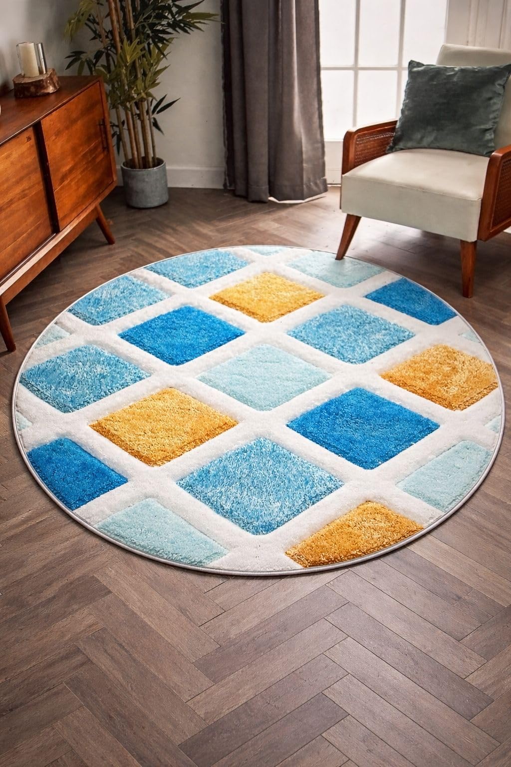 Modern Abstract Round Rug - Blue & Beige -12 Modern Abstract Round Rug - Blue & Beige -12