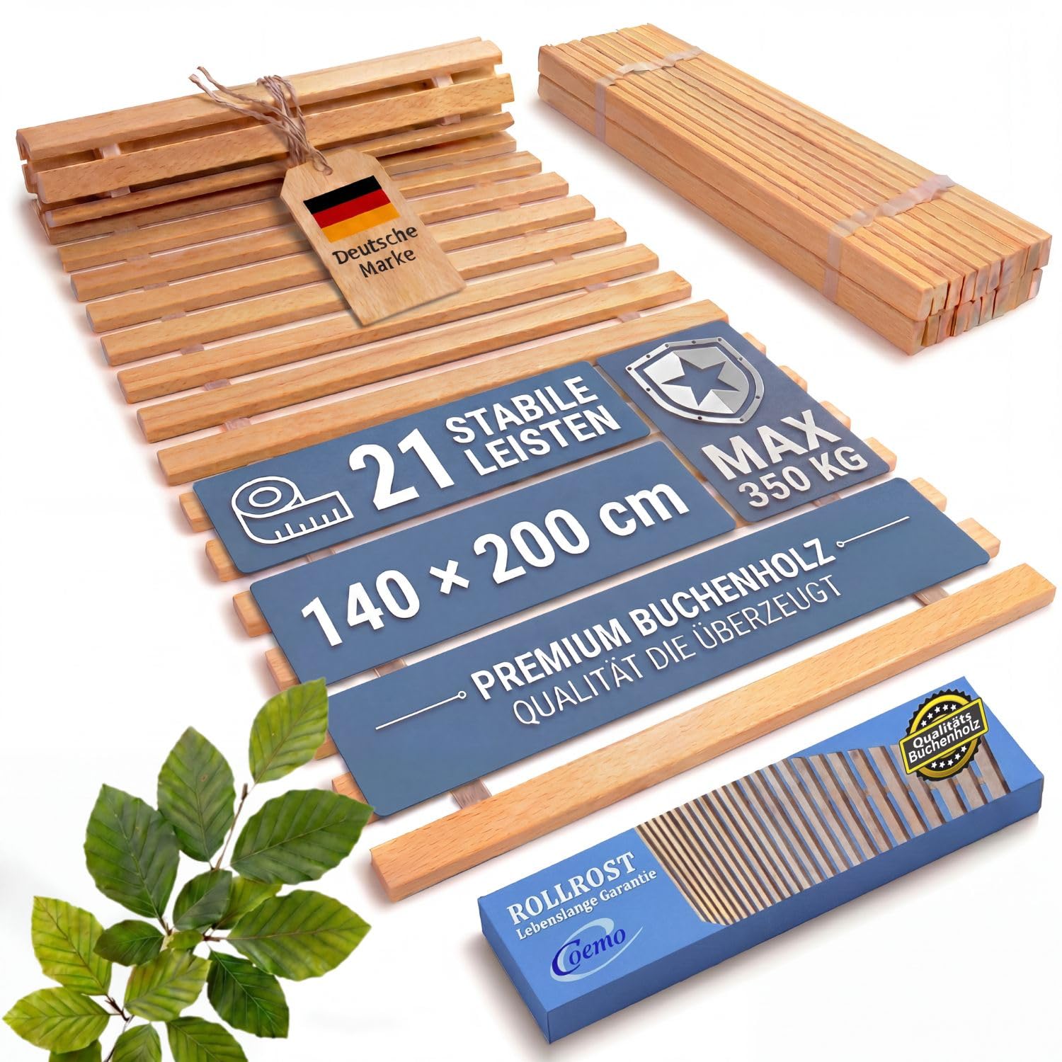 Coemo Rollrost Rolllattenrost 21 Leisten 6 Befestigungspunkte 140 x 200 cm Lattenrost aus Buche Holz - Belastbar bis 350 kg - Ohne Montage