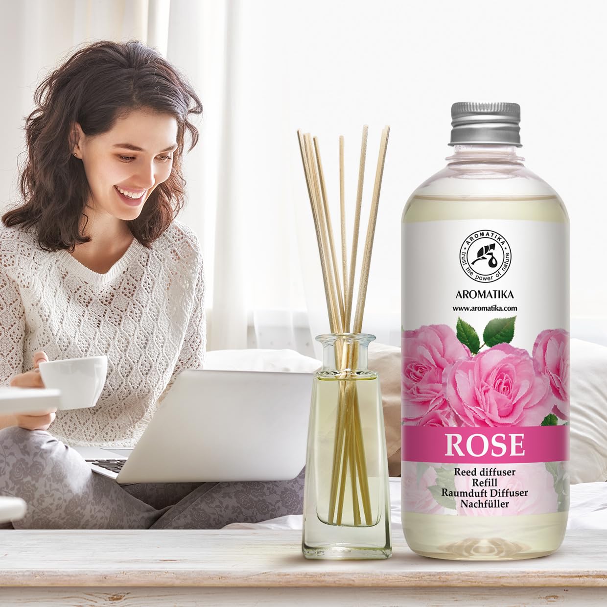 Recambio para Difusor de Varillas Aroma Rosa – 2 x 500 ml – Fragancia Ambiental para Hogar, Oficina, Salón y Baño – Líquido para Difusores