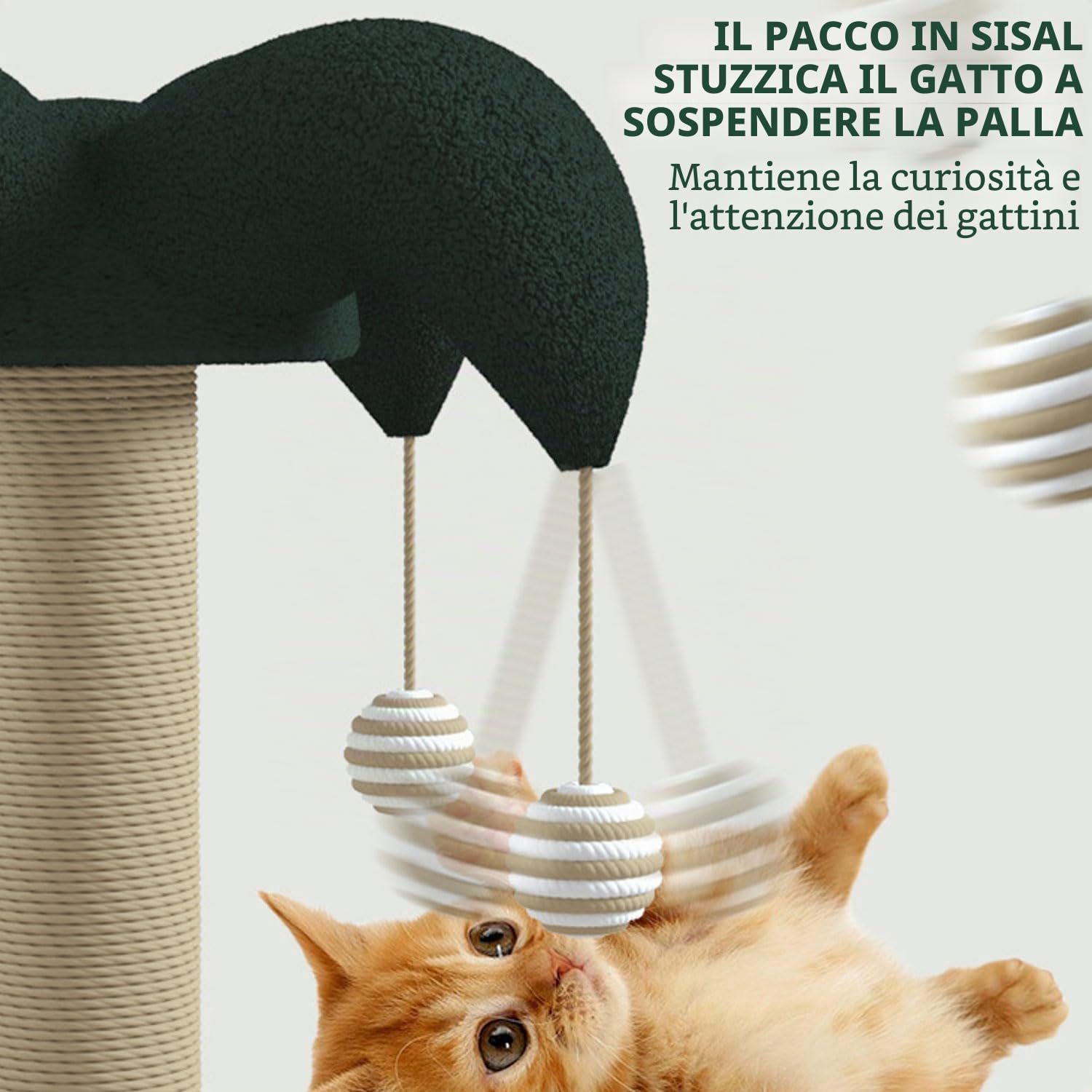 Giocattolo interattivo per gatti 6 in 1, in legno, con palline sospese, piume, girevole, Smart Track Ball, albero tiragraffi in sisal e iuta per gatti piccoli e medi