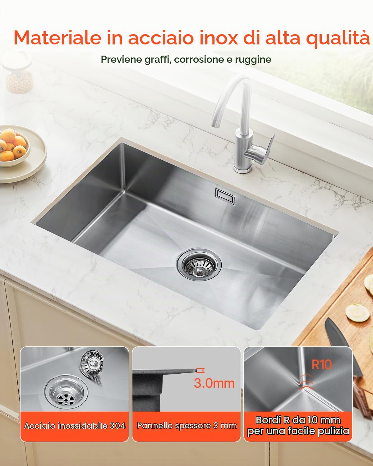 VEVOR Lavello da Cucina da 70 cm Lavello Sottopiano in Acciaio Inossidabile 304, Vasca Singola da Incasso Stile Rustico con Accessori, Lavello per Uso Domestico per Camper, Cucina di Preparazione, Bar