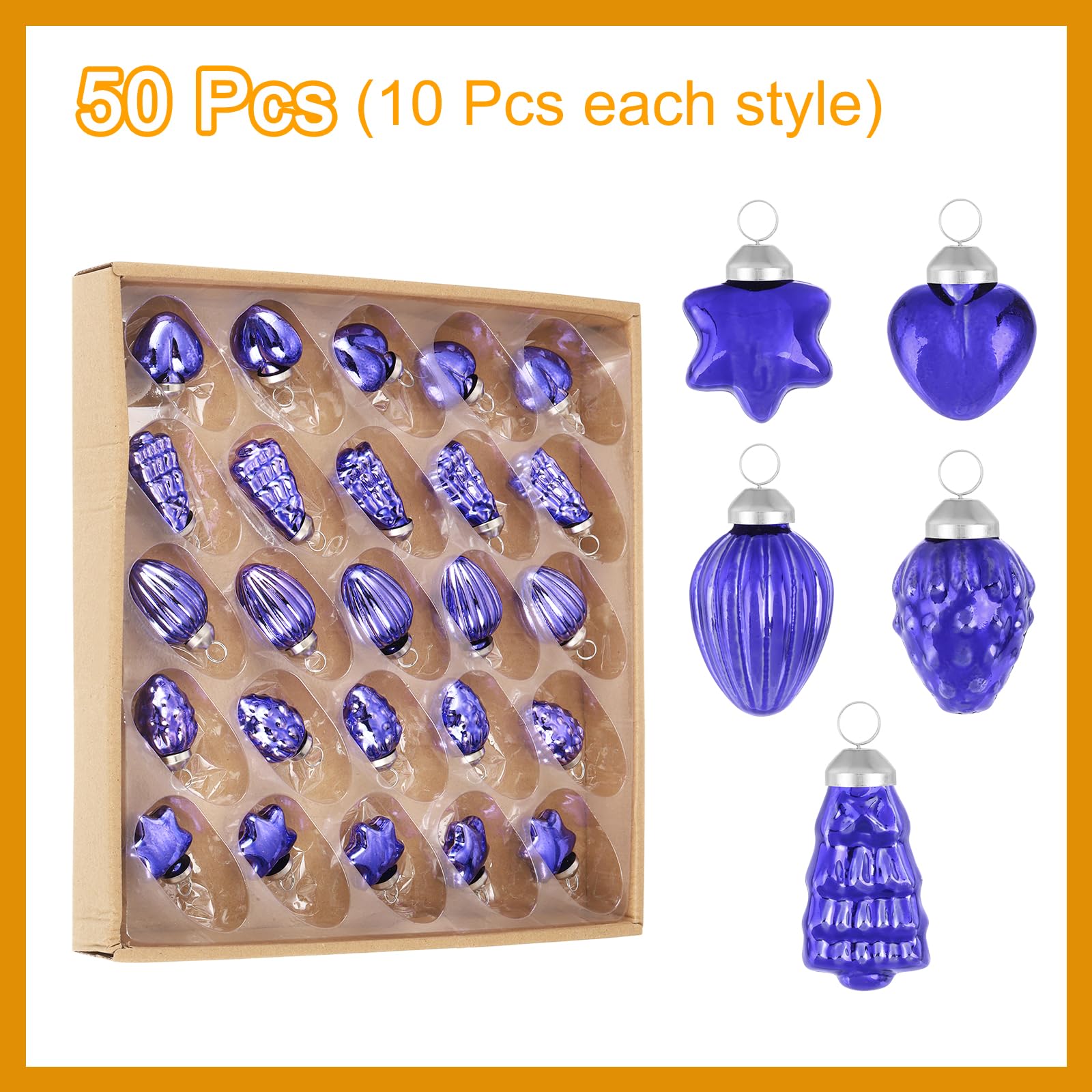 QUARKZMAN 50 Stück Weihnachtskugeln Glas, 3cm Kiefer Herz fünfzackiger Stern Ellipsoid Erdbeere Lila Weihnachtsdeko für Weihnachtsbaum, Halloween, Weihnachten, Event und Hochzeit