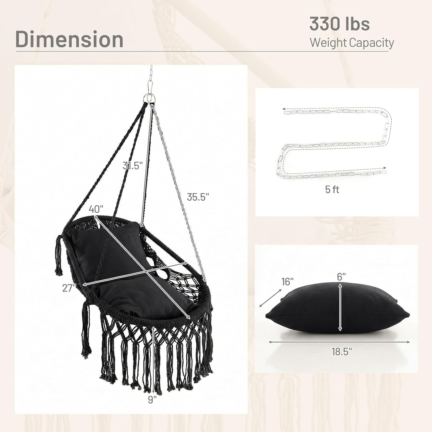 Giantex Macrame Swing Chair, Hanging Porch Swing w/Soft Seat Cushions, Cotton Rope & Hardware Kits, Holds Up to 330 LBS, Oval Hammock Chair for Indoor Outdoor Home Patio Balcony (Black)