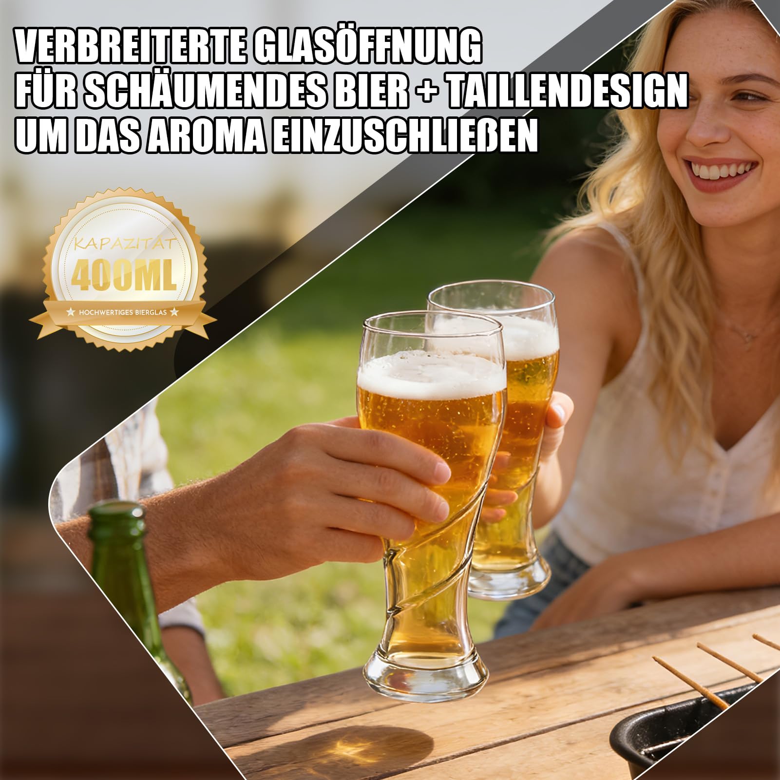 Lot de 6 verres à bière de 400 ml en verre sans plomb – Verre à bière spirale transparent, design antidérapant, passe au lave-vaisselle, résistant à la chaleur et au froid
