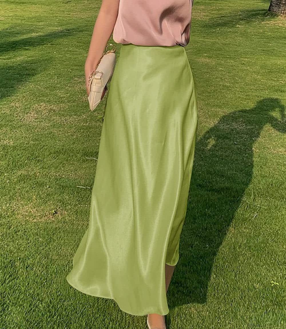 OZEO Röcke,Dünner Satin-Midirock Für Damen, Grün, Glänzend, Mit Hoher Taille, Faltenrock, Sommer, Elegant, A-Linie, Swing, Gerüscht, Fließend, Strandurlaub, Lange Röcke Für Mädchen, Damen, XXL