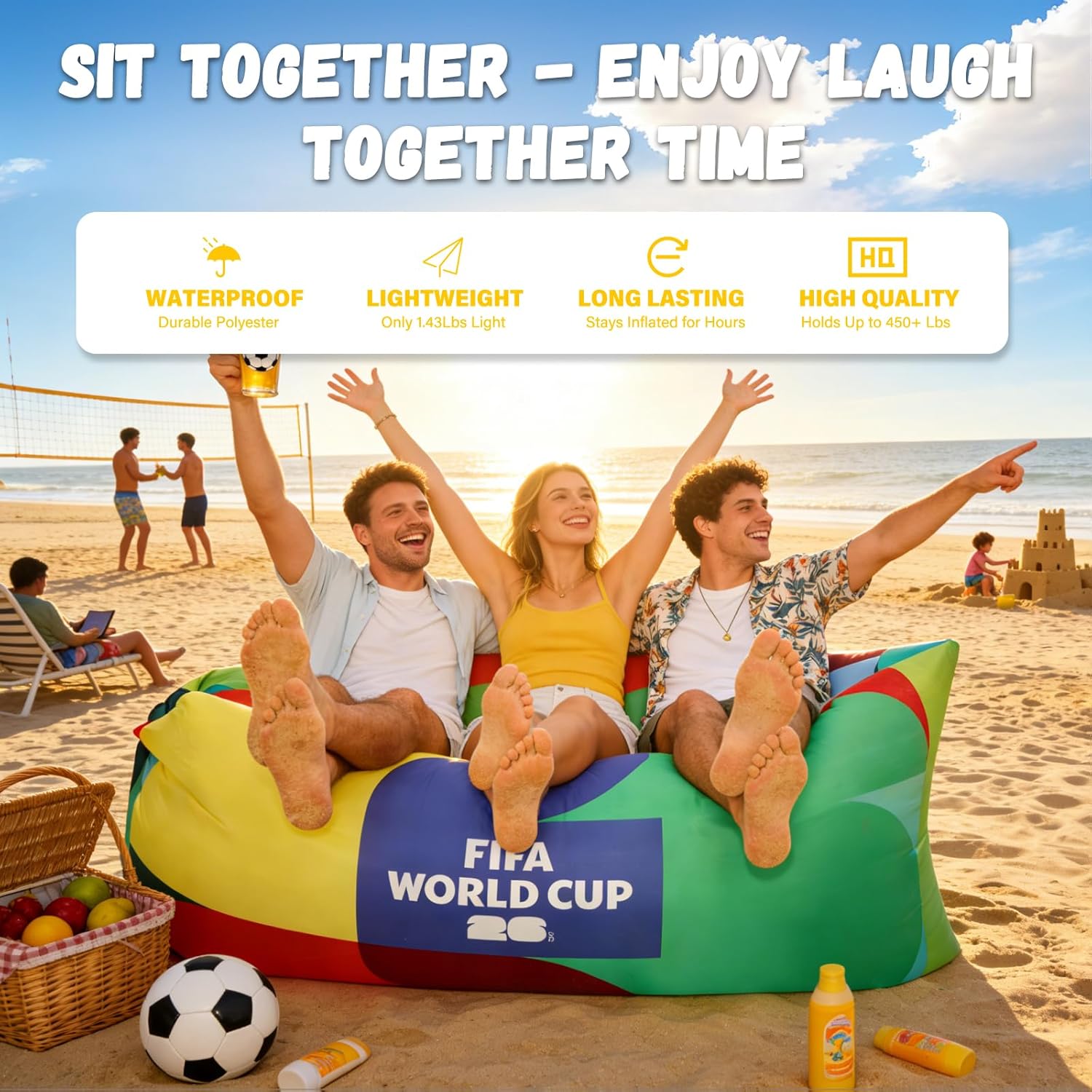 MESUCA FIFA World Cup 2026 Official Edition Inflatable Air Sofa Lounger, No Pump Air Couch for Beach Camping, 450lbs Portable Blow Up Chair, Waterproof 210T Polyester Outdoor Sun Lounge Multicolor