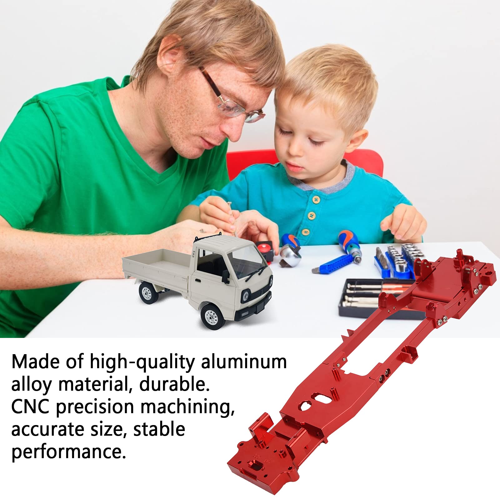 Model WPL D12/10 RC Metalowa rama podwozia samochodu | Ulepszone części i akcesoria ze stopu aluminium premium posrebrzane (czerwony)