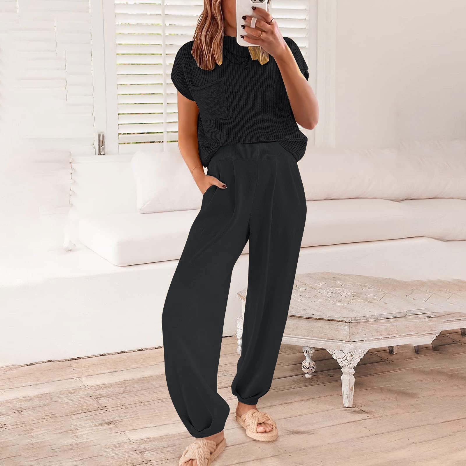 Lounge Set Mujer Manga Corta Traje de Punto Dos Piezas Streetwear Traje