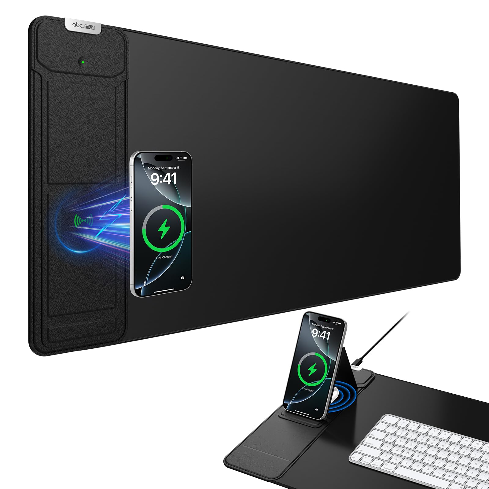 Tappetino per mouse di ricarica wireless con supporto pieghevole per telefono, 69,8 x 30 cm, grande tappetino da scrivania per laptop/tastiera, superficie ultra liscia, base antiscivolo, nero