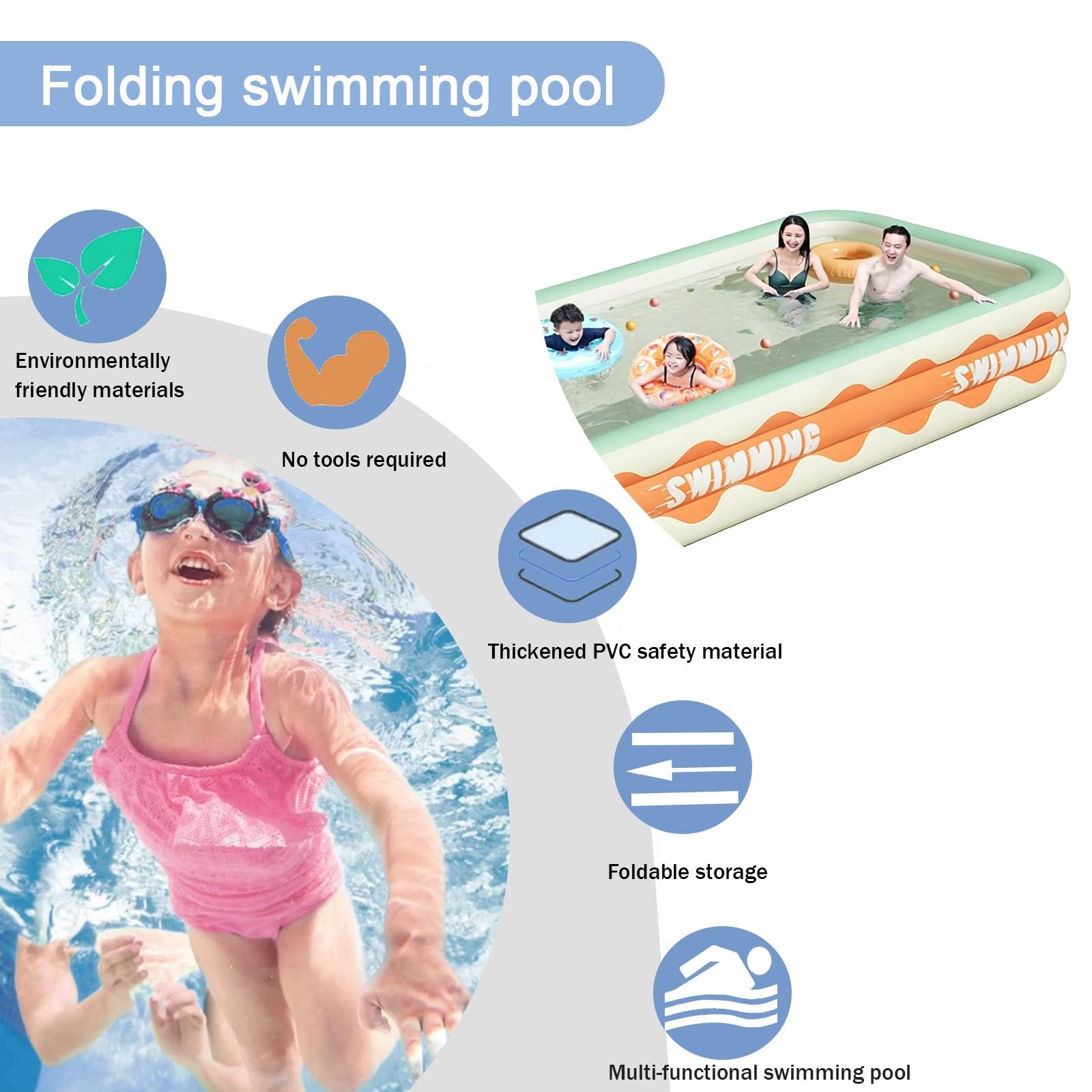 Piscine Gonflable Piscine Rectangulaire en PVC Épais pour Toute La Famille Usage Intérieur Et Extérieur(180 * 130 * 56cm)