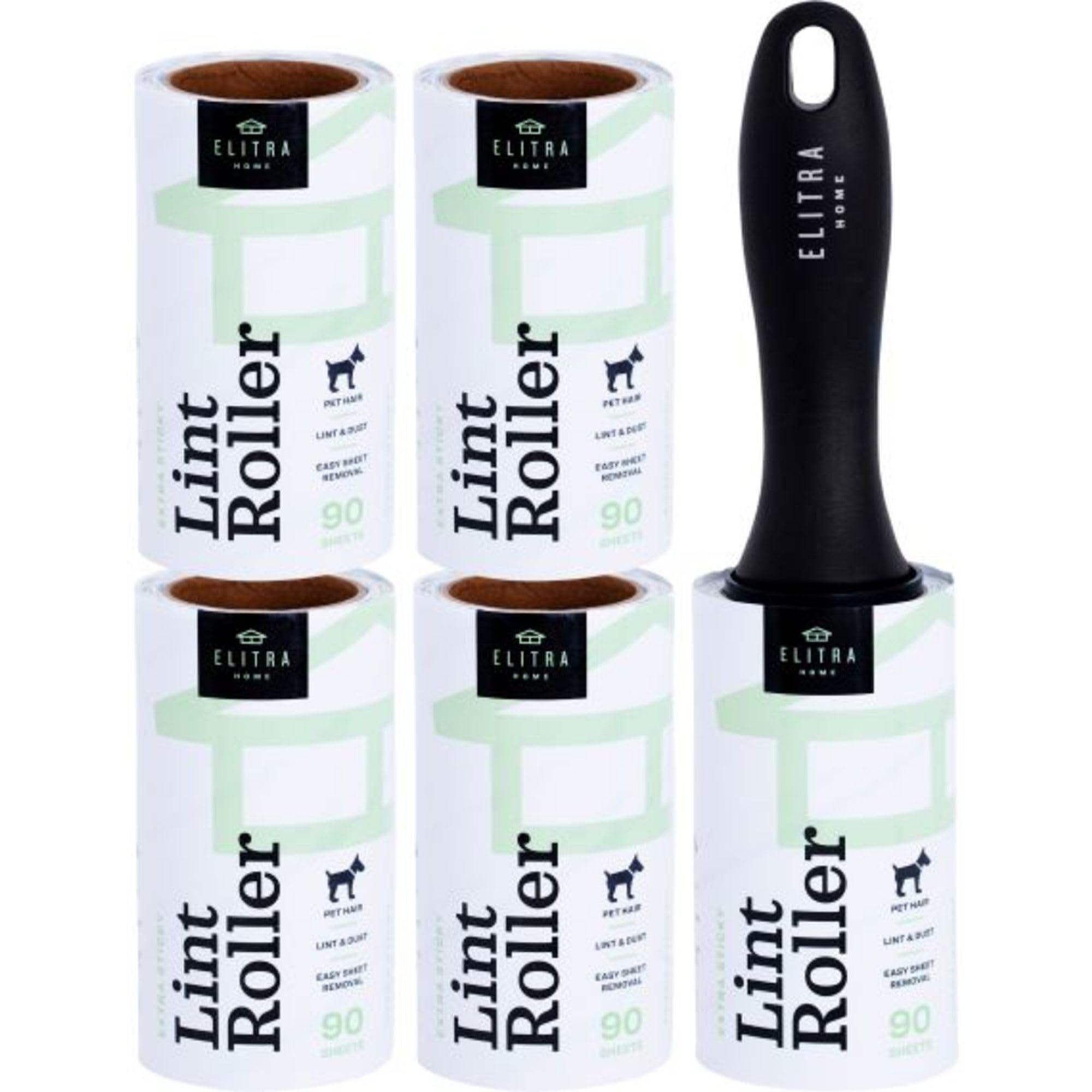 Elitra Lint Roller with Reusable Handle, Extra Sticky Pet Hair Remover with E-Z Peel Sheets - 90 Sheets with 4 Refills (450 Total), Adhesive Roller for Clothes, Furniture, Bedding & Upholstery