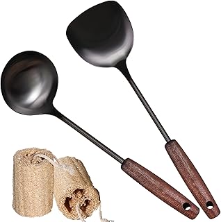 MARTE Spatula & Ladle Wok Tool Set,[High-Grade Titanium Plated, Heat Resistant]14.8-15 Inches Stainless Steel Vintage Wok Utensils,Kitchen Cooking Utensils Set of 2-Ergonomic Solid Wood Handle