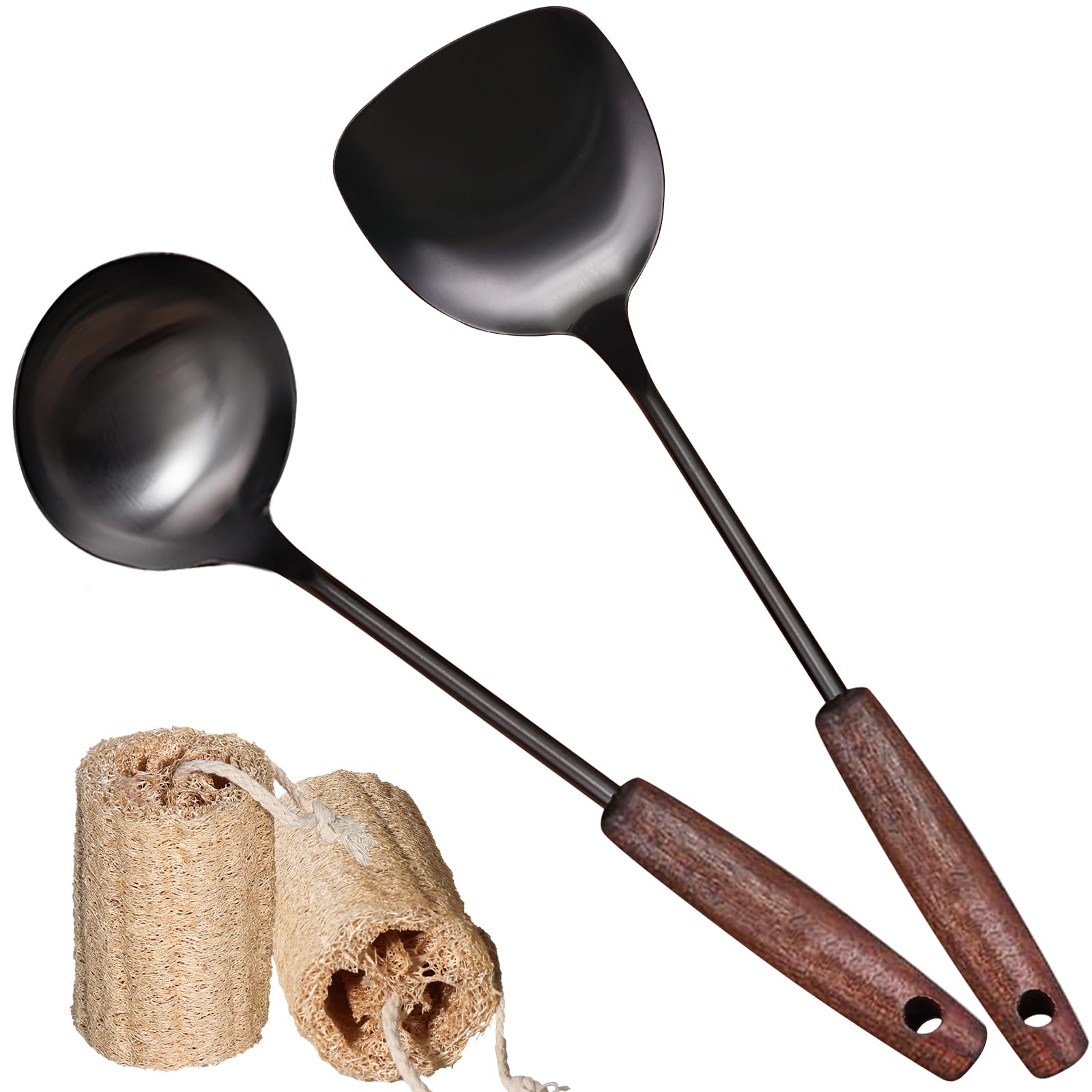 Marte Wok Spatula and Ladle Tools Set - Vintage Wok Spatula Stainless Steel - 14.8-15 Inch Wok Cooking Utensils Set with Heat Resistant Wooden Handle - Solid Wok Accessories