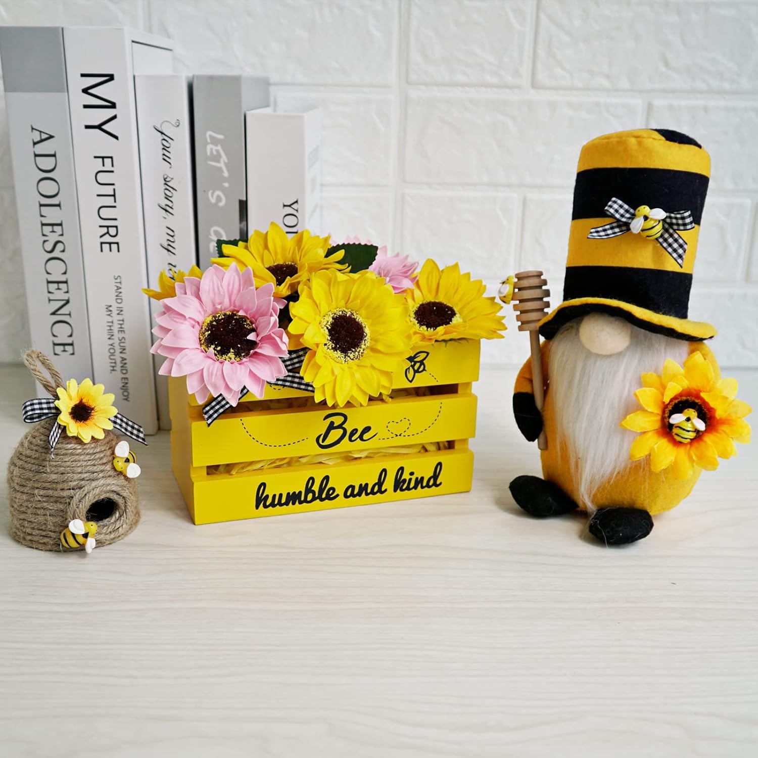 Bee Decor, Wood Bee Crate Decorations, Humble Bee Gnome Plush with Honey Dipper,Rustic Farmhouse Bee Tiered Tray Decor, Mini Wood Crate with Artificial Sunflowers Decor, Summer Decorations for Home
