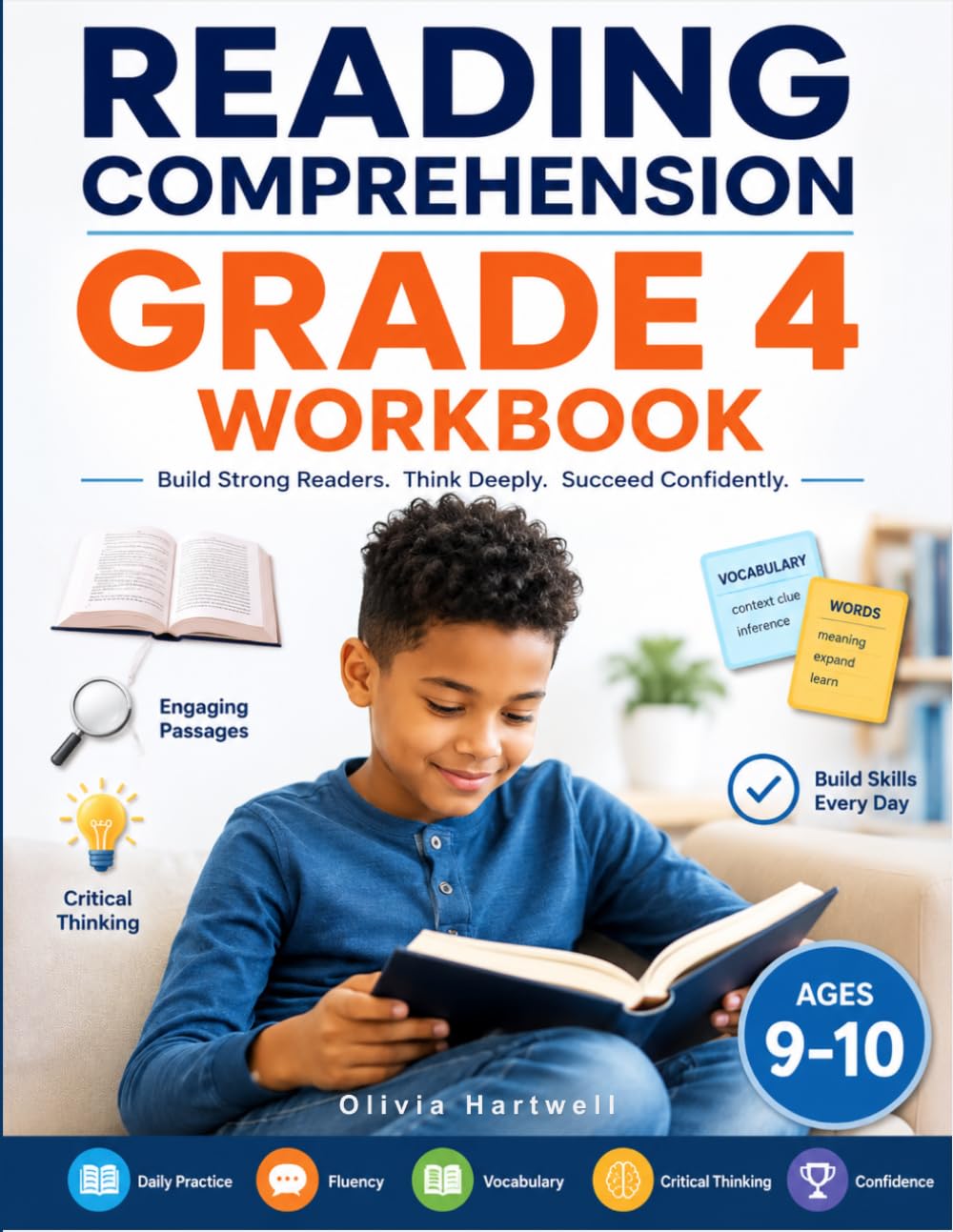 READING COMPREHENSION GRADE 4 WORKBOOK Ages 9–10: Daily Practice · Fluency · Vocabulary · Critical Thinking · Confidence