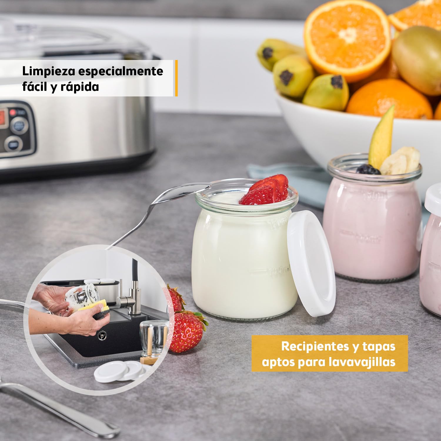TZS First Austria - Yogurtera eléctrica 25W con 8 vasitos de vidrio de 180 ml para hasta 1,4L de yogur casero - Con temperatura de 20-55°C, apagado automático y pantalla LCD - Blanco