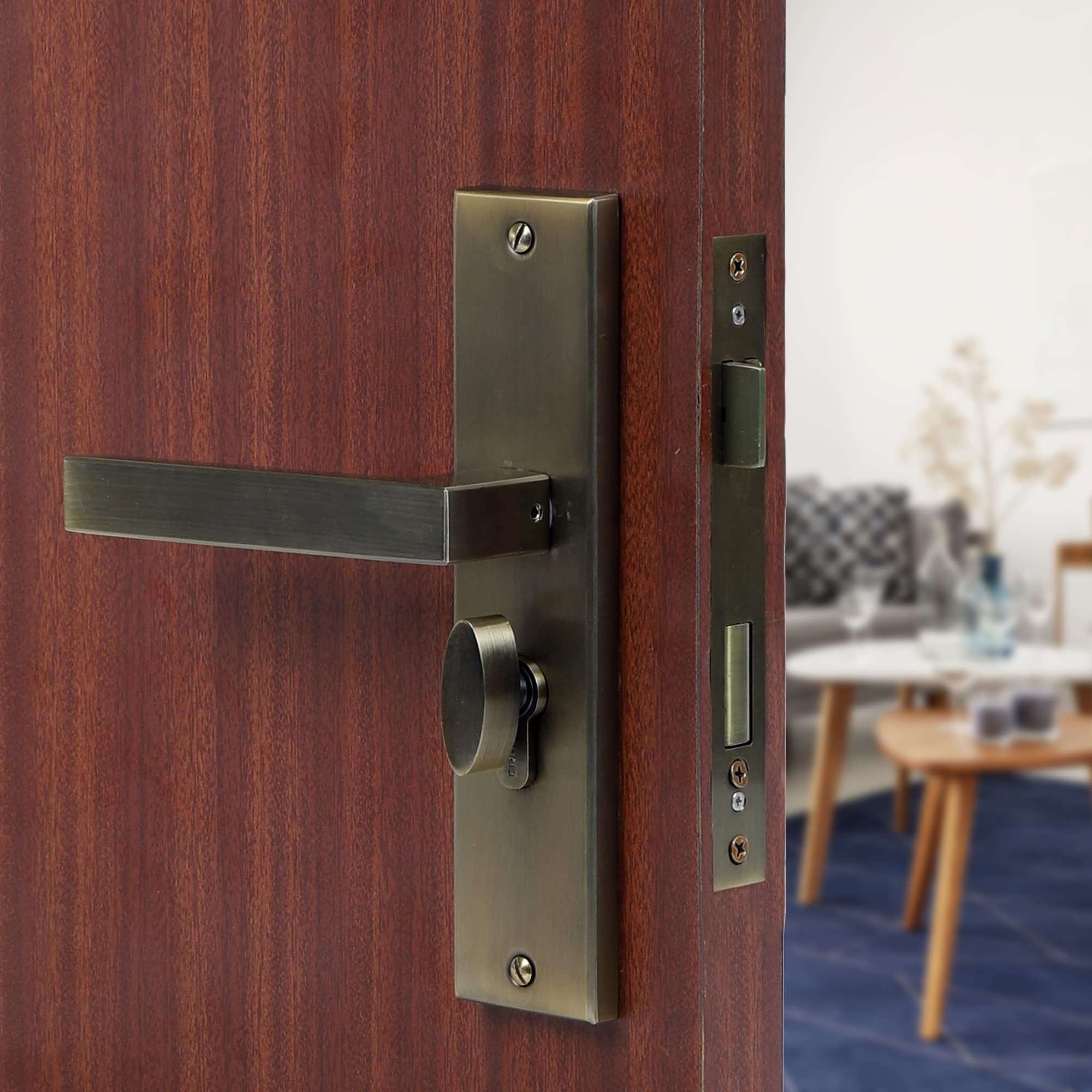 Blue Space Premium 8" Cylindrical Plate Mortise Door Lock Handle Set/Mortise Lock with Brass Lock Body and One Side Key 60mm Brass Cylinder Set with 3 Brass Computer Keys (LB301, Antique)