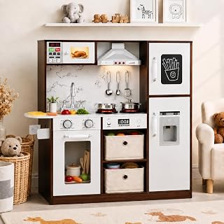 HONEY JOY Wooden Play Kitchen with Lights and Water Dispe...
