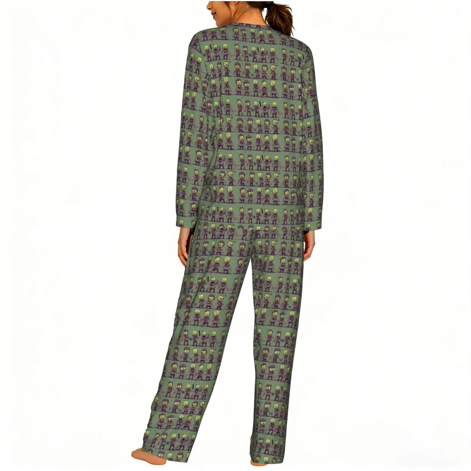 Pigiama da donna a maniche lunghe con stampa zombie, morbido, da spiaggia, vacanze, biancheria da notte, regalo casual