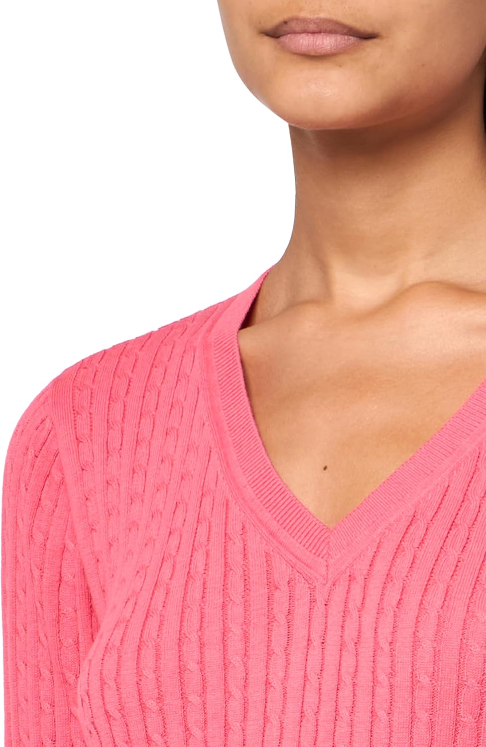 Suéter de punto a cables de algodón para mujer con cuello en V