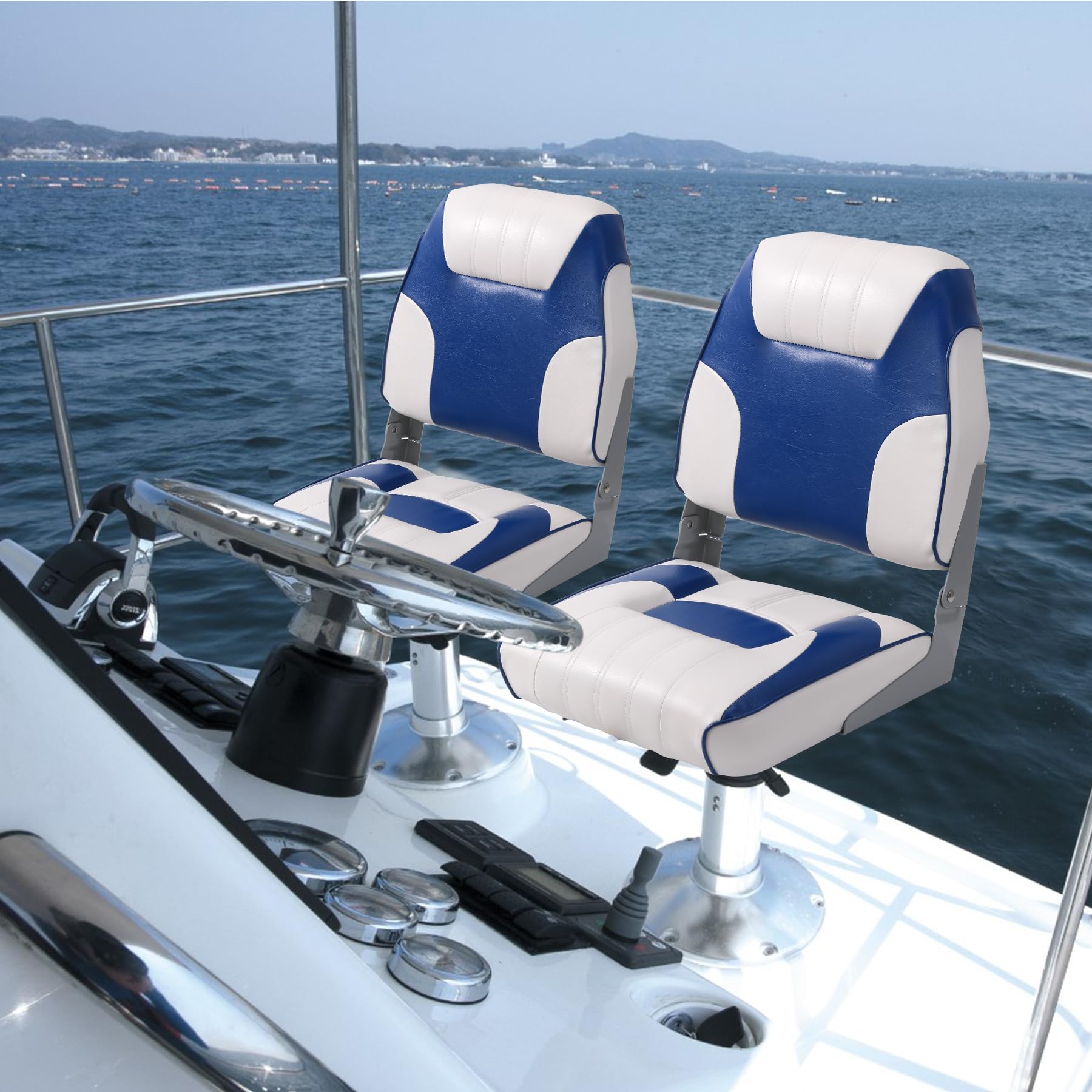 Garvee Sièges pliables bateau – Lot de 2, dossier bas, coussin épais, résistant intempéries, vis inox, parfaits pêche, croisière, speedboat – Coloris bleu royal et blanc