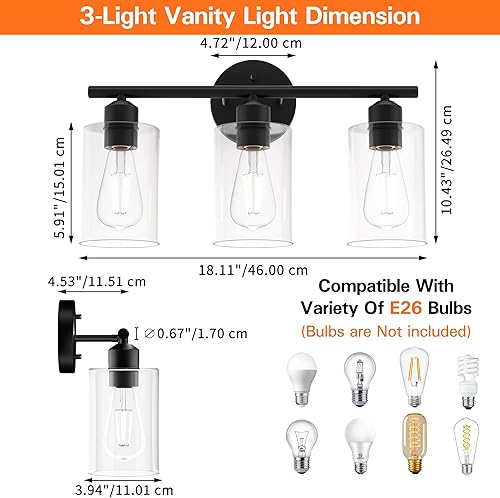 Miniatura 3 de Espird Lámpara de baño negra de 3 luces para tocador, moderna lámpara de pared para baño, lámpara de pared de granja, apliques de pared negro mate