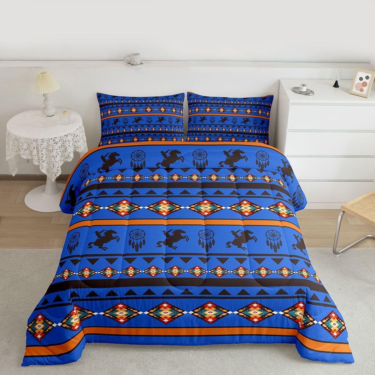 Erosebridal Aztec Queen Comforter Set, Western Cowboy Horse Bedding Sets Native American Southwestern Quilt Boho Western Decor for Bedroom, Rustic Farmhouse Duvet Sets 3 Pieces with 2 Pillow Cases