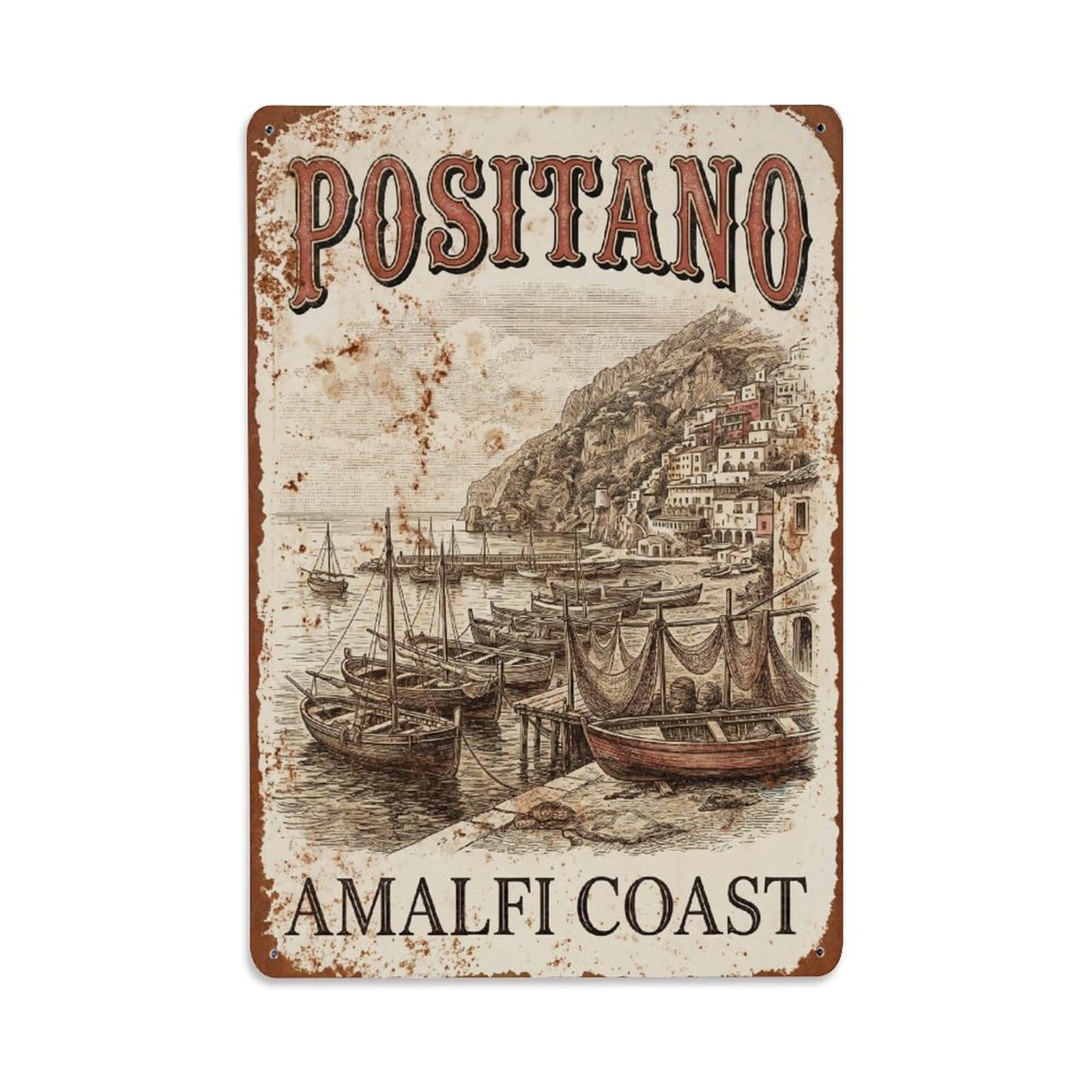 Vintage Travel Positano Italy Tin Metal Tin Sign