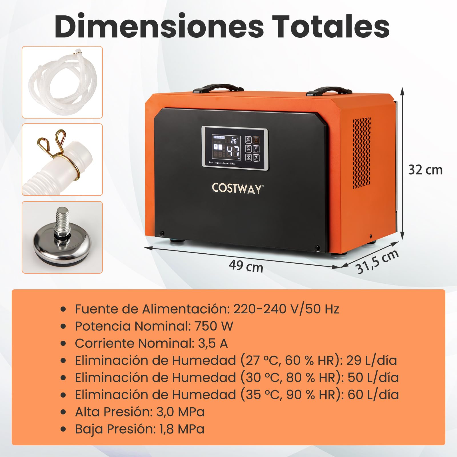 COSTWAY Deshumidificador Industrial 60L/día, Deshumidificador Comercial con Manguera de Drenaje, Temporizador 24H, Descongelación Automática, para Sótano, Almacén, hasta 560 ㎡
