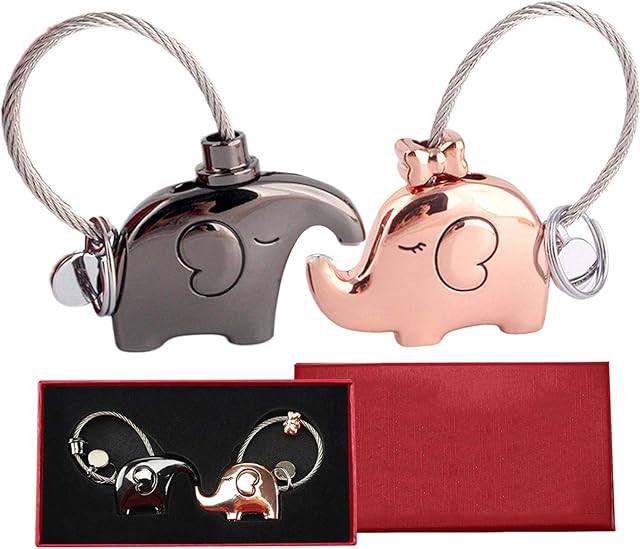 Couples Keyrings 2Pcs, Lovers Keyrings with Charm for Women Men Couple Gifts, Cute Couple Keychain Kissing Elephant Keyring Ideal for His and Hers Wedding Valentines Gifts Black/Rose Gold