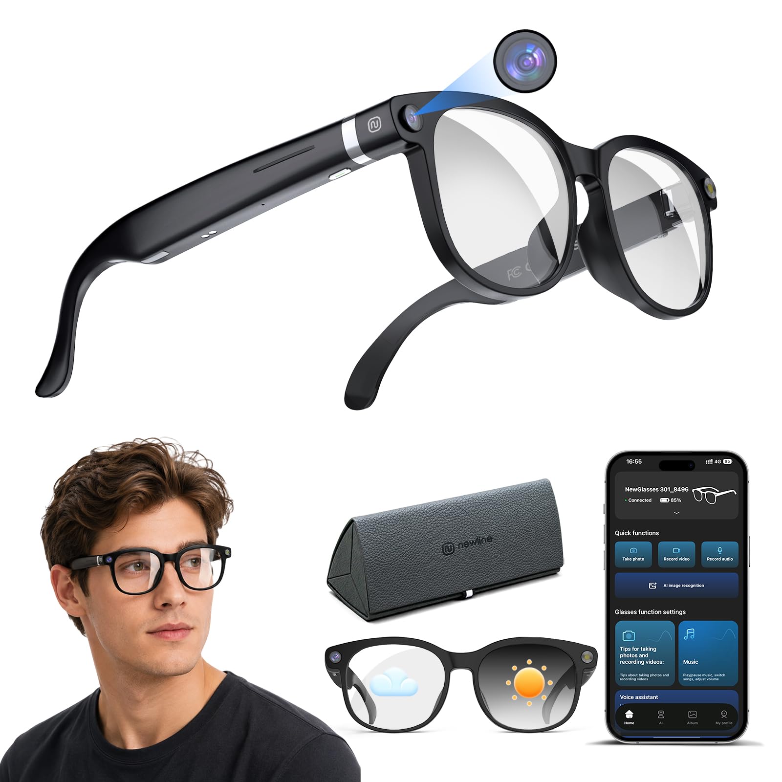 KI Brille mit Kamera, 8MP Kamera, 1080P HD Videoaufnahme mit EIS, Open-Ear Audio, ChatGPT KI, Echtzeitübersetzung, Objekterkennung, selbsttönende Brillengläser mit Blaulicht- und UV-Schutz