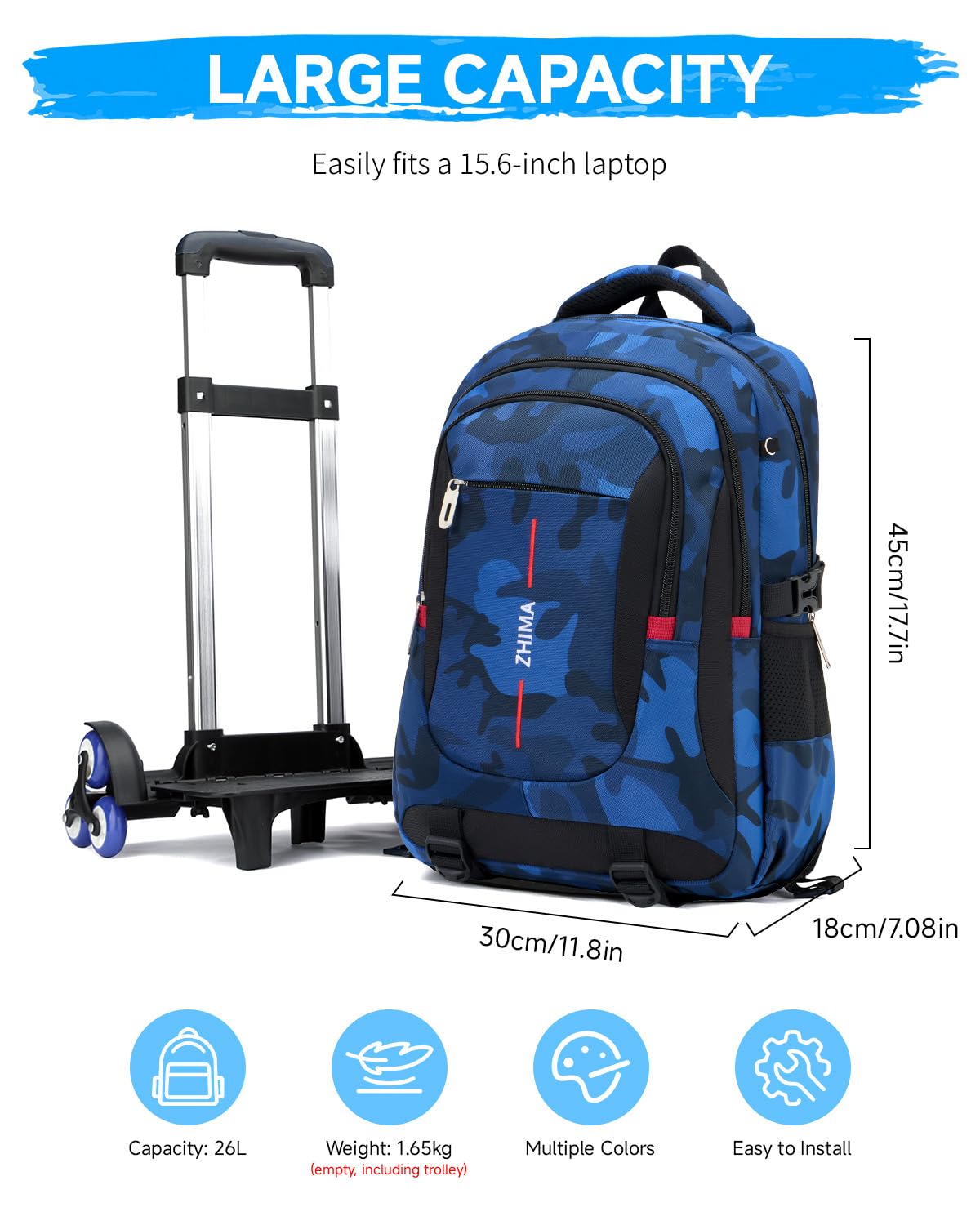 Mochila con Ruedas para Adolescentes Chicos, Mochilas Escolares con Carrito Desmontable, Mochilas de Camuflaje de Moda para Instituto Mochila Casual para Viajes, Azul