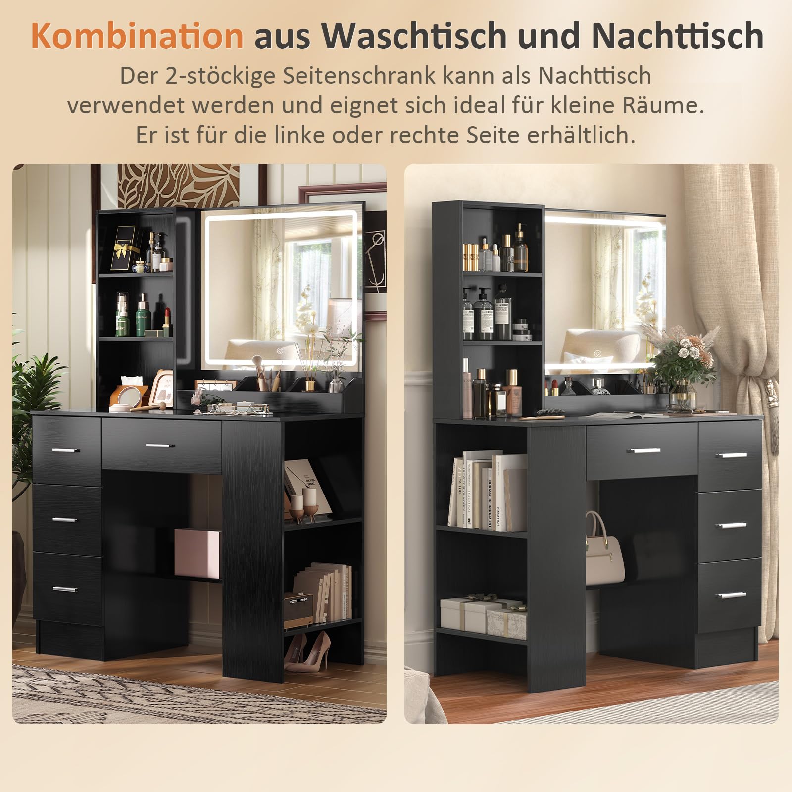 Schminktisch mit Beleuchtung Schwarz, Kosmetiktisch mit LED Spiegel und Licht und Stauraum, Frisiertisch mit 4 Schubladen, 2-stöckiger Beistellschrank Als Nachttisch, 90 cm Make Up Tish