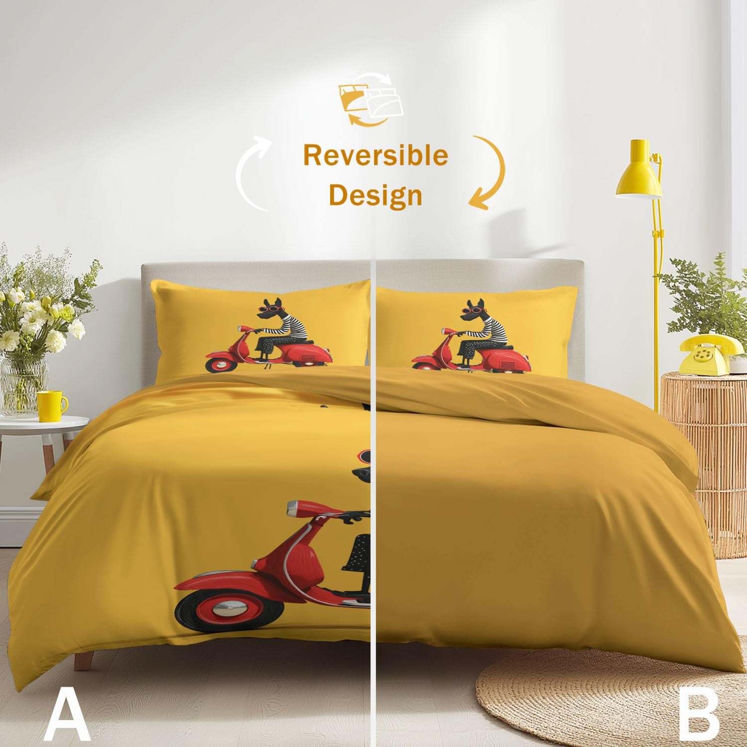 Copripiumino da 180 x 200 cm, di alta qualità, colore giallo senape, resistente al colore, motivo cane nero, scooter, occhiali da sole, libro per bambini, ragazzi e adulti