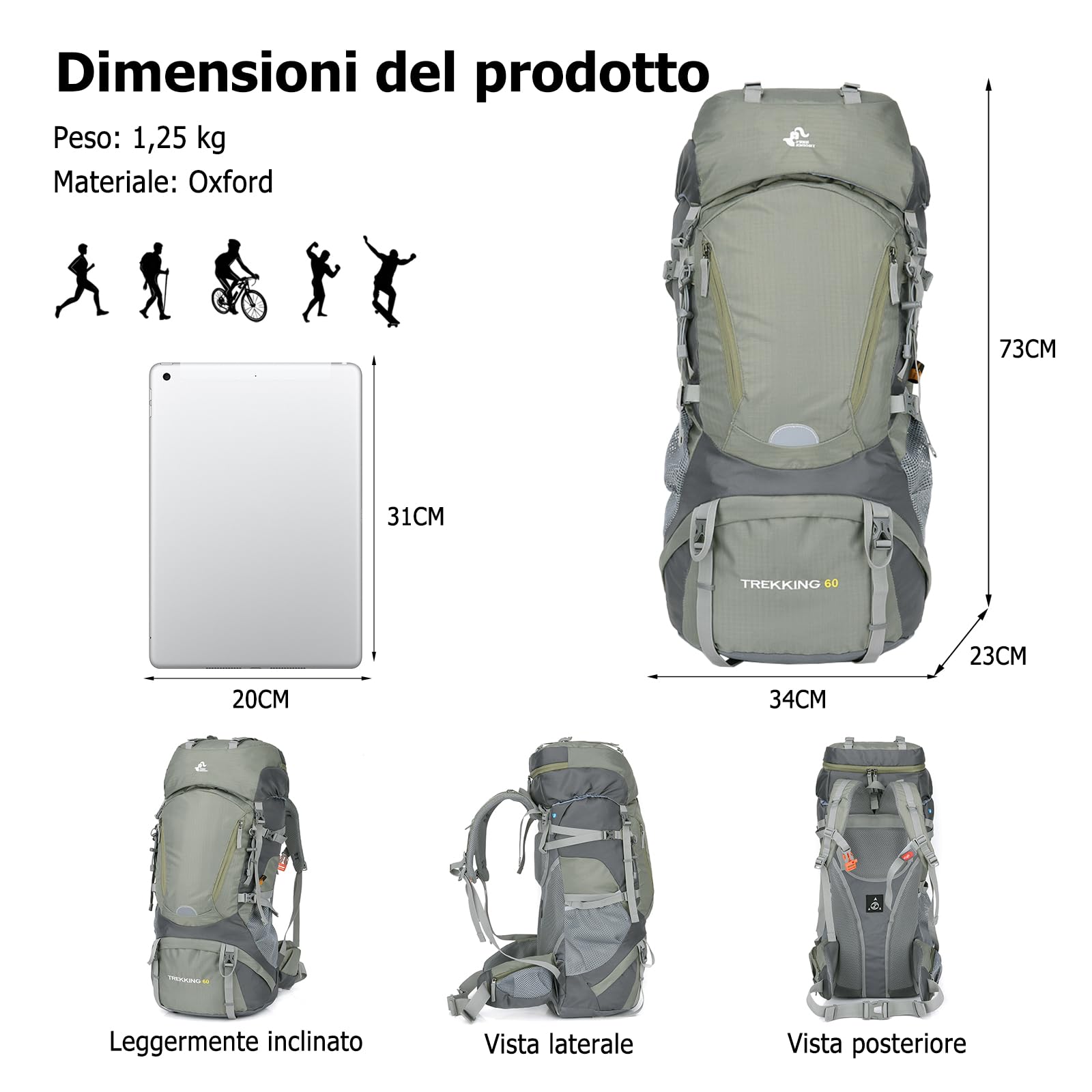 60L Zaino Outdoor Zaino da Trekking Grande Zaini Resistente con Copertura per la Pioggia Donna Uomo Backpack per Escursionismo Campeggio Arrampicata Viaggio Verde