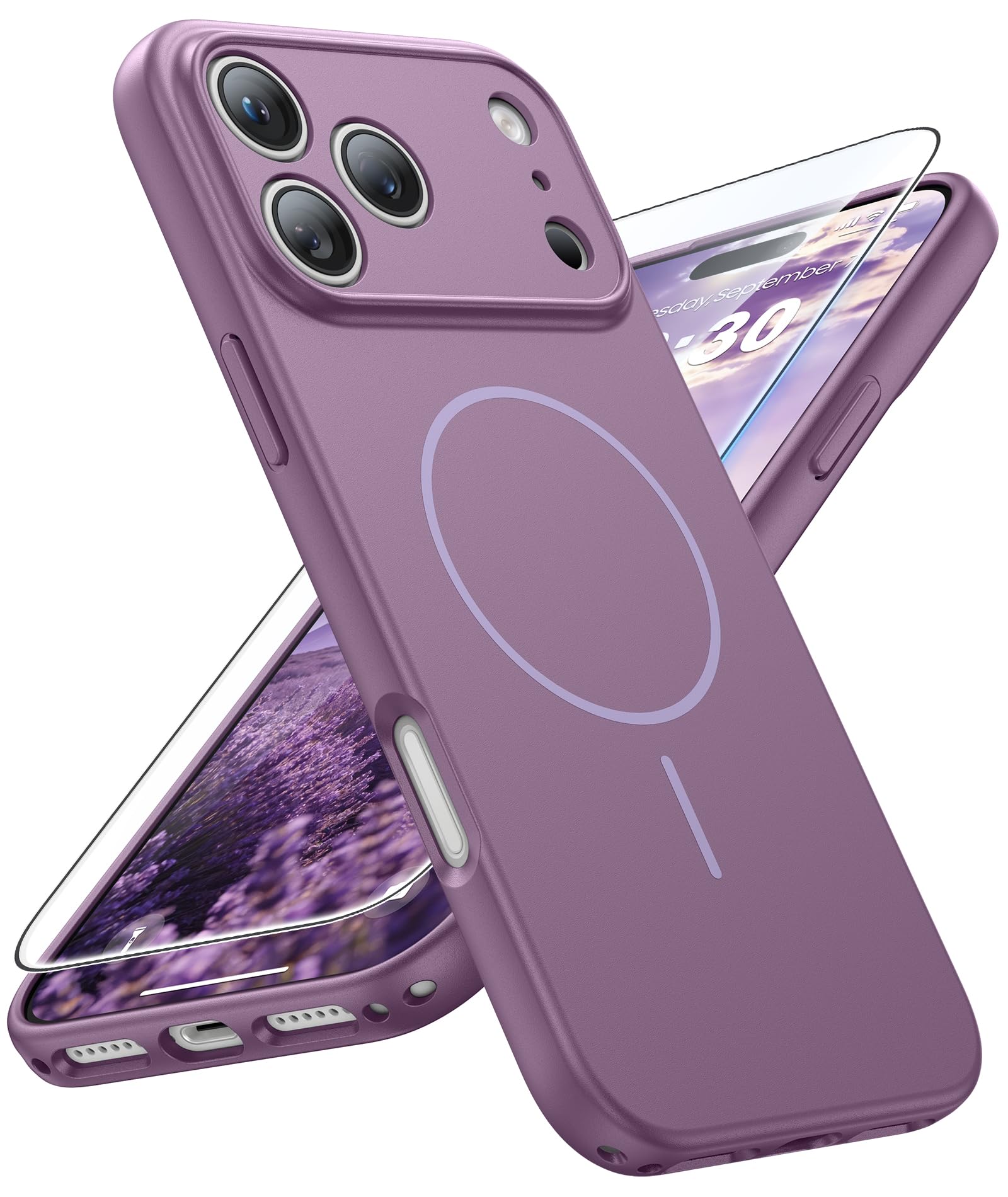FNTCASE for iPhone 17 Pro Case: Matte Compatible with MagSafe | Full Camera Protection Magnetic Cases With Screen Protector, Military Grade Drop Tested, Shockproof Slim Phone Cover, Purple